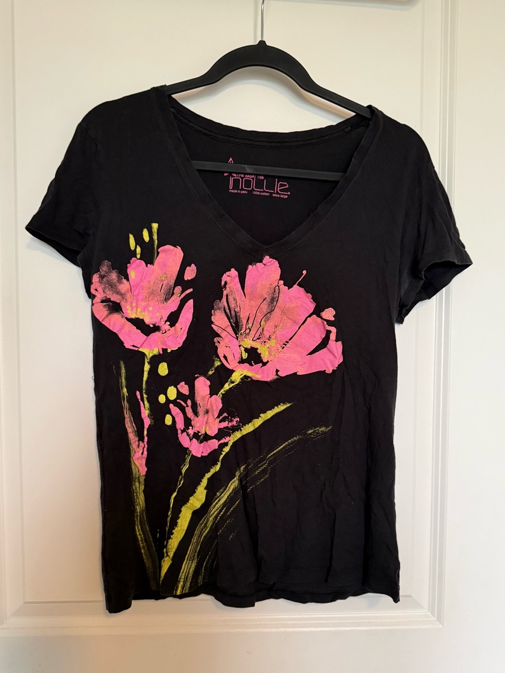 Nollie Black V-Neck Tee with Pink Floral Print